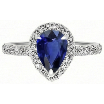 Natural Real ( Not Lab Grown )  Pear Shaped Sapphire Ring 2.50 Ct Halo Prong Set Diamonds