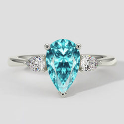 Natural Real ( Not Lab Grown )  Pear-Shaped Paraiba Side Stone Ring