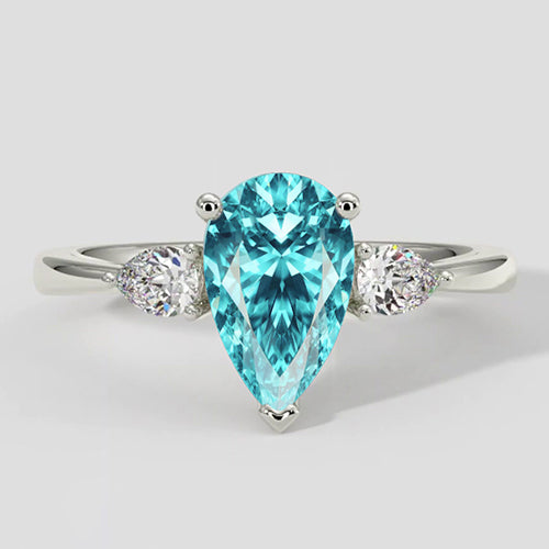 Natural Real ( Not Lab Grown )  Pear-Shaped Paraiba Side Stone Ring