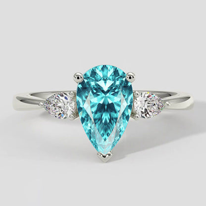 Natural Real ( Not Lab Grown )  Pear-Shaped Paraiba Side Stone Ring