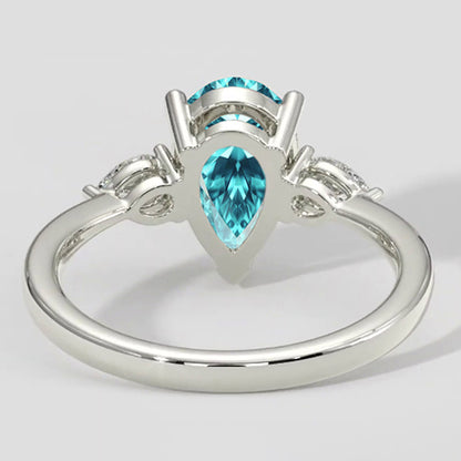 Natural Real ( Not Lab Grown )  Pear-Shaped Paraiba Side Stone Ring