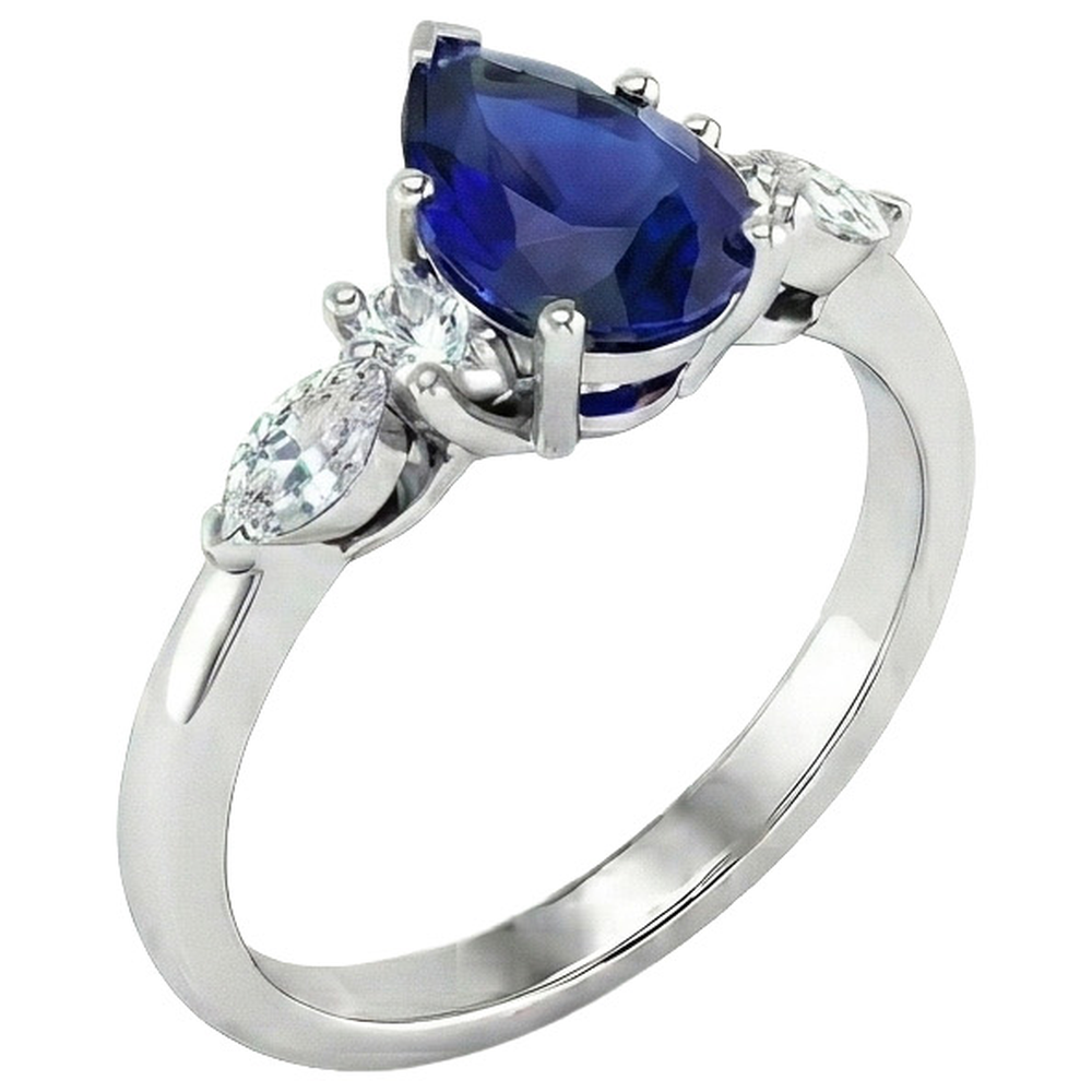 Pear Solitaire Ring Blue Sapphire With Natural Earth Mined Diamonds Accents 3.50 Carats