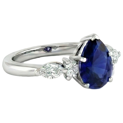 Pear Solitaire Ring Blue Sapphire With Natural Earth Mined Diamonds Accents 3.50 Carats