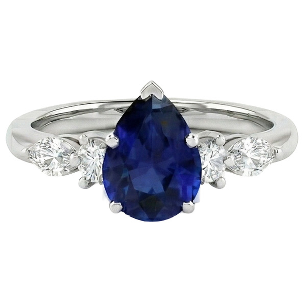 Pear Solitaire Ring Blue Sapphire With Natural Earth Mined Diamonds Accents 3.50 Carats
