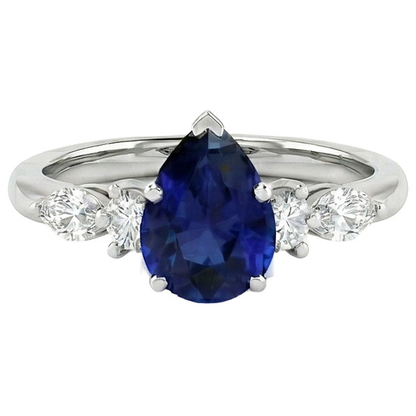 Pear Solitaire Ring Blue Sapphire With Natural Earth Mined Diamonds Accents 3.50 Carats