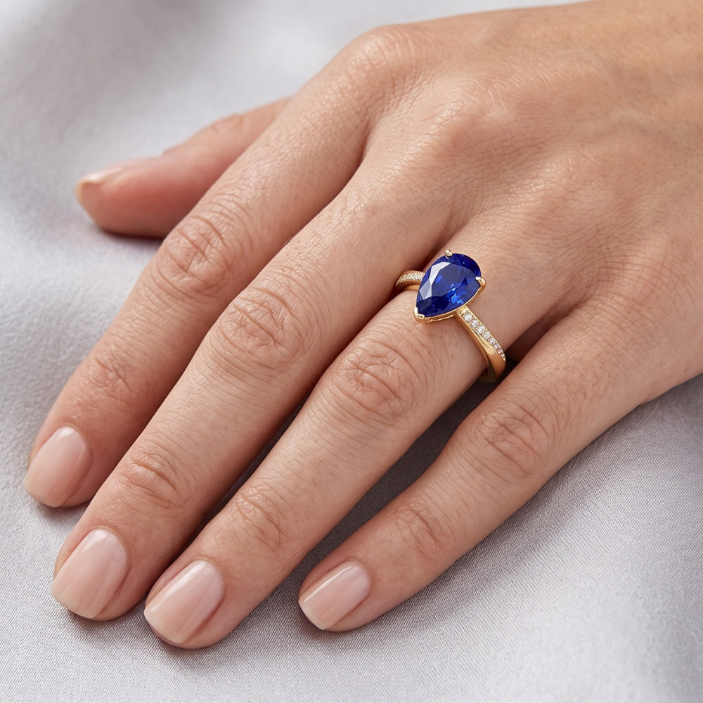 Pear Solitaire Srilanka Sapphire Ring With Natural Earth Mined Diamond Accents 2.50 Carats