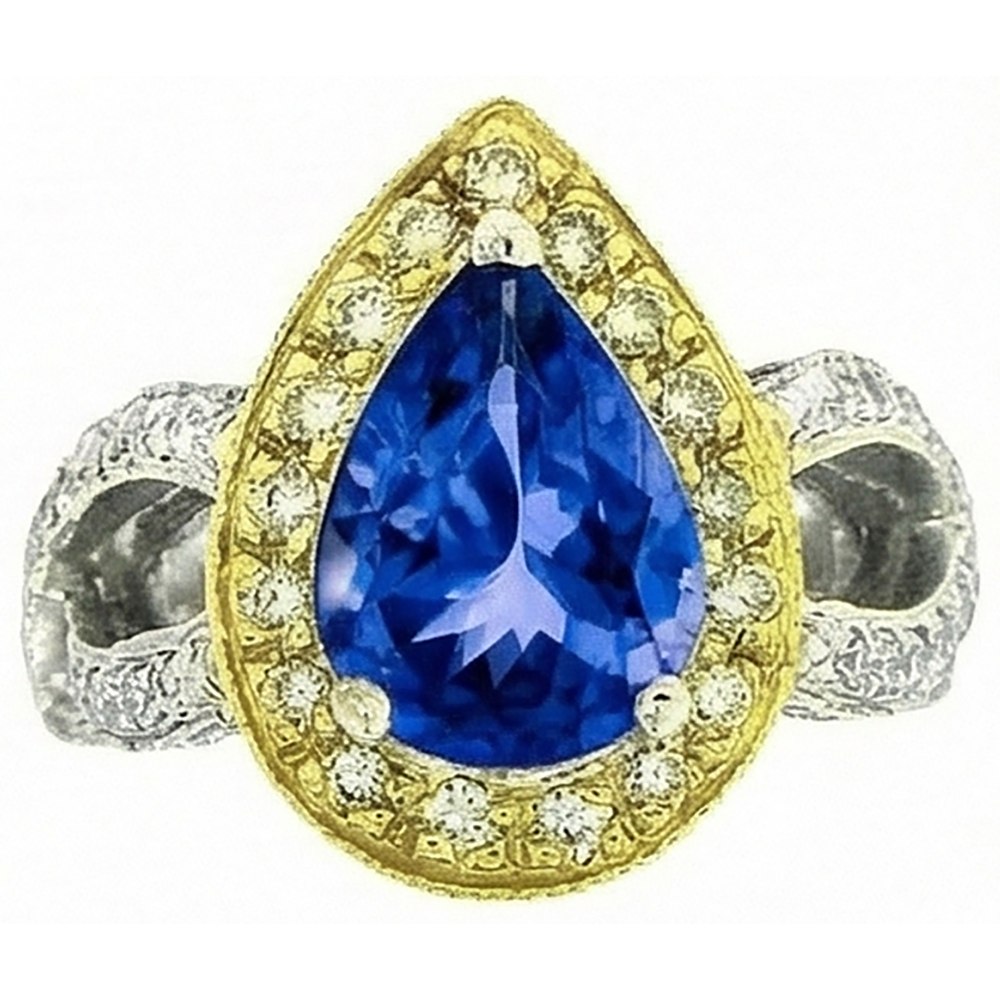Pear Tanzanite And Natural Earth Mined Diamonds 4.51 Ct Antique Style Ring Two Tone Gold