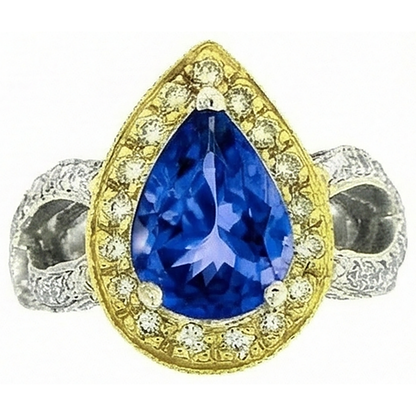 Pear Tanzanite And Natural Earth Mined Diamonds 4.51 Ct Antique Style Ring Two Tone Gold
