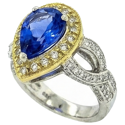 Pear Tanzanite And Natural Earth Mined Diamonds 4.51 Ct Antique Style Ring Two Tone Gold