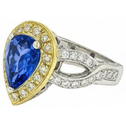 Pear Tanzanite And Natural Earth Mined Diamonds 4.51 Ct Antique Style Ring Two Tone Gold