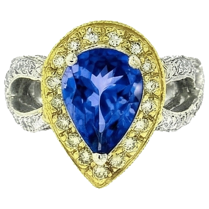 Pear Tanzanite And Natural Earth Mined Diamonds 4.51 Ct Antique Style Ring Two Tone Gold