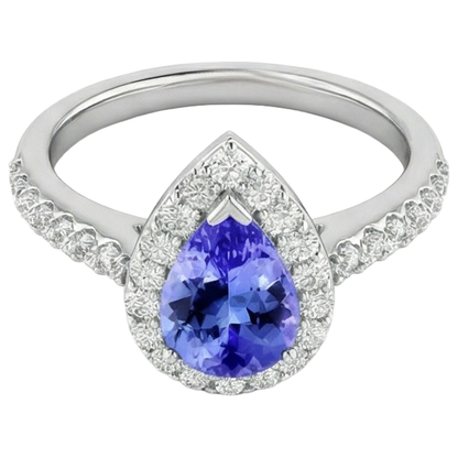 Pear Tanzanite With Round Natural Earth Mined Diamonds 3.95 Carats Ring 14K White Gold