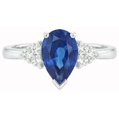 Pear & Round Cut Ceylon Sapphire Natural Earth Mined Diamond Ring 1.85 Ct. White Gold 14K