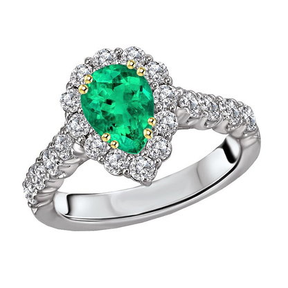Pear Cut Green Emerald Halo Ring With Round Diamonds Comfort Fit Band