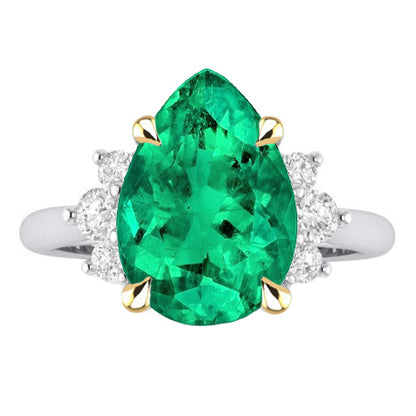 Pear Cut Green Emerald And Diamond Ring Wedding Jewelry