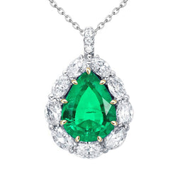 Natural Real ( Not Lab Grown ) Pear Cut Green Emerald GIA Pendant Halo Diamond Accented