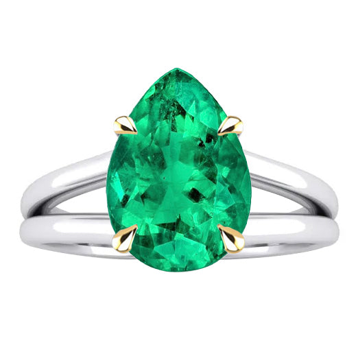 Pear Cut Solitaire Green Emerald Gem Ring