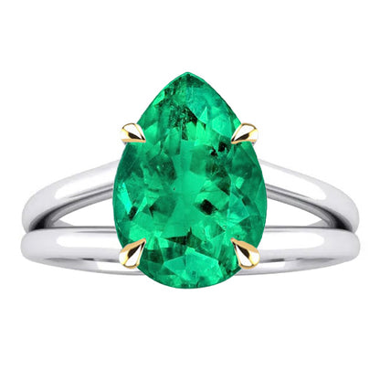 Pear Cut Solitaire Green Emerald Gem Ring