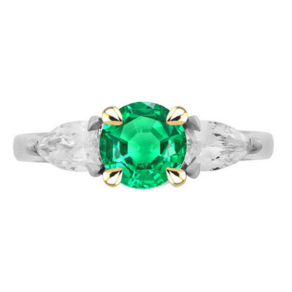 Pear Diamond & Green Emerald Ring 3 Stone Gemstone Jewelry