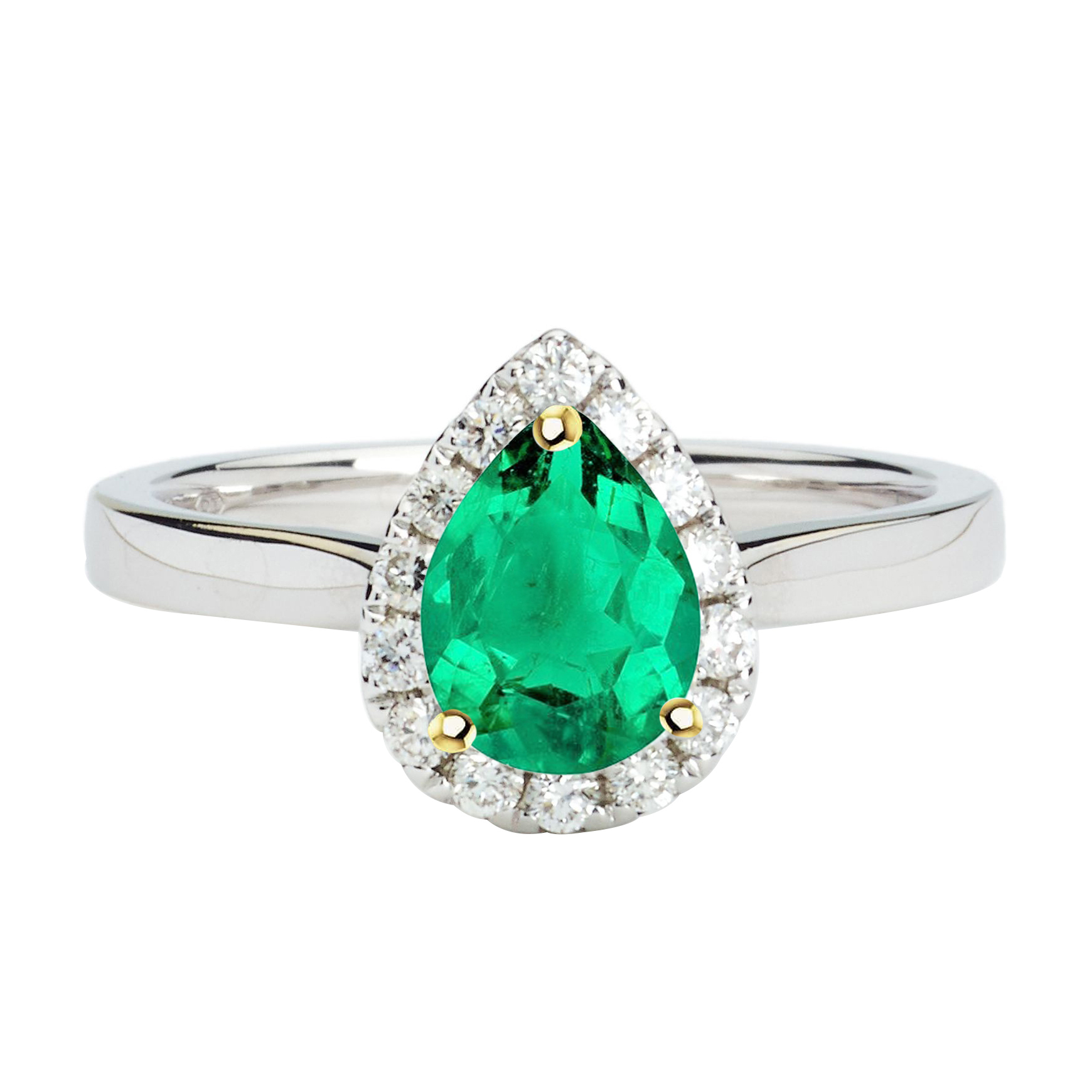 Pear Colombian Green Emerald Halo Wedding Ring Comfort Fit Band