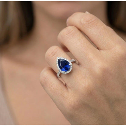 Pear Halo Gemstone Ring Blue Sapphire Natural Earth Mined Diamond Accents Jewelry 5 Carats