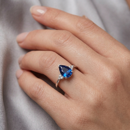Pear & Round Cut Ceylon Sapphire Natural Earth Mined Diamond Ring 1.85 Ct. White Gold 14K