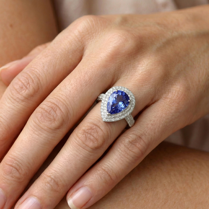 Pear & Round Sri Lankan Blue Sapphire Natural Earth Mined Diamond Ring 4.40 Carat WG 14K
