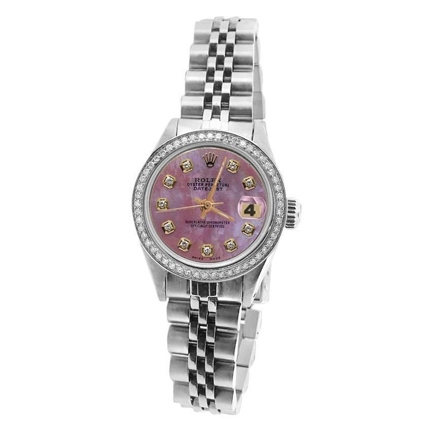 Perpetual Rolex Date Just Burgundy Dial Bezel Ss Jubilee Ladies Watch