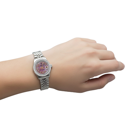 Perpetual Rolex Date Just Burgundy Dial Bezel Ss Jubilee Ladies Watch