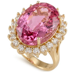 Pink Kunzite And Natural Earth Mined Diamonds 31.40 Carats Wedding Ring 14K Yellow Gold