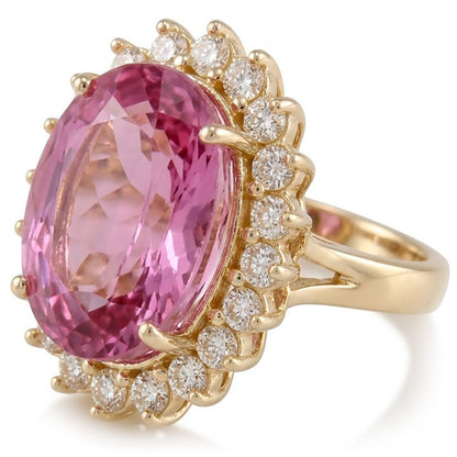 Pink Kunzite And Natural Earth Mined Diamonds 31.40 Carats Wedding Ring 14K Yellow Gold