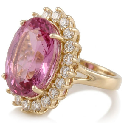 Pink Kunzite And Natural Earth Mined Diamonds 31.40 Carats Wedding Ring 14K Yellow Gold