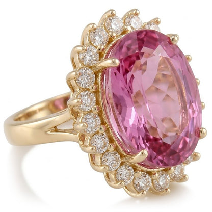 Pink Kunzite And Natural Earth Mined Diamonds 31.40 Carats Wedding Ring 14K Yellow Gold