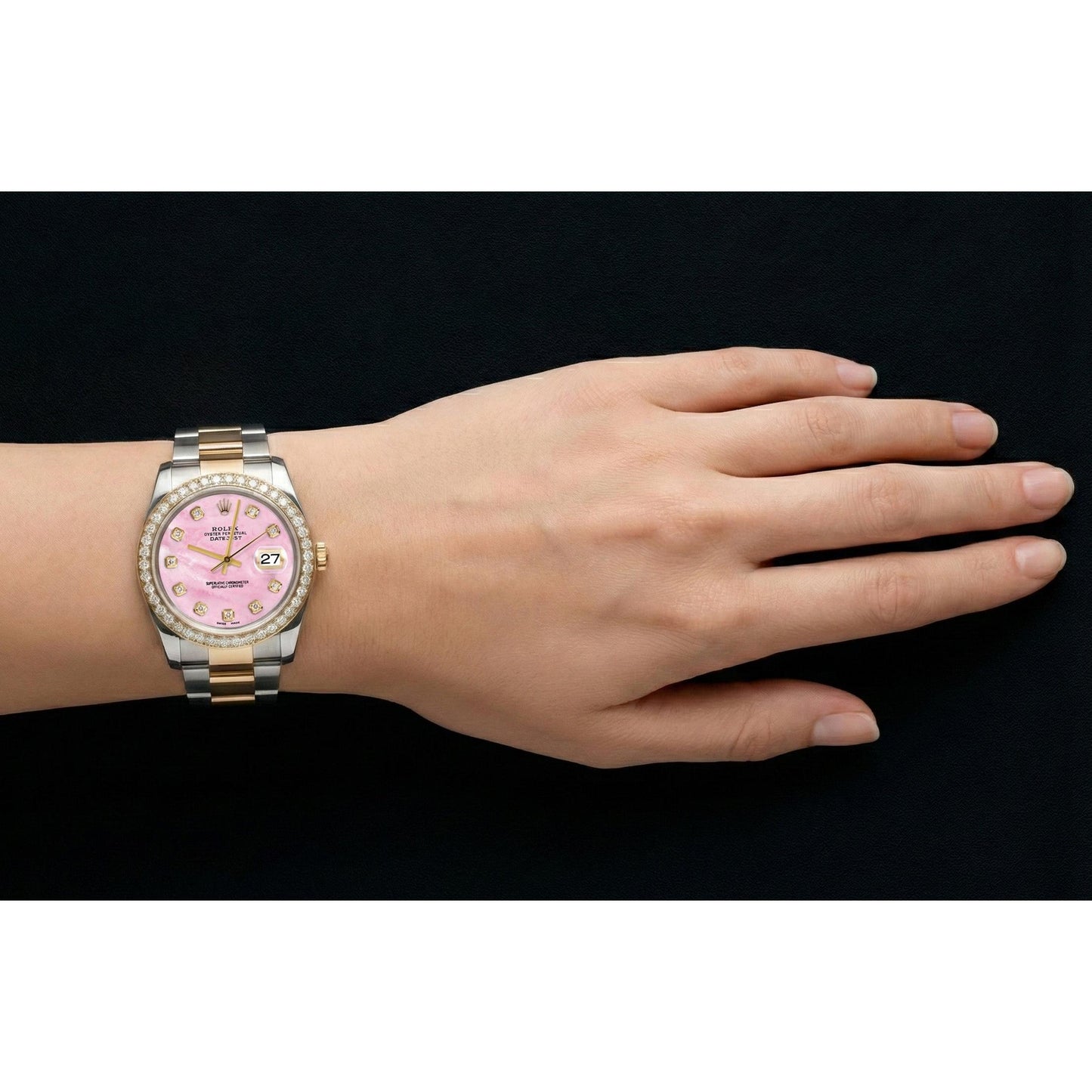 Pink Mother Of Pearl Diamond Dial 36 mm Rolex Datejust Two Tone Watch Oyster Bracelet