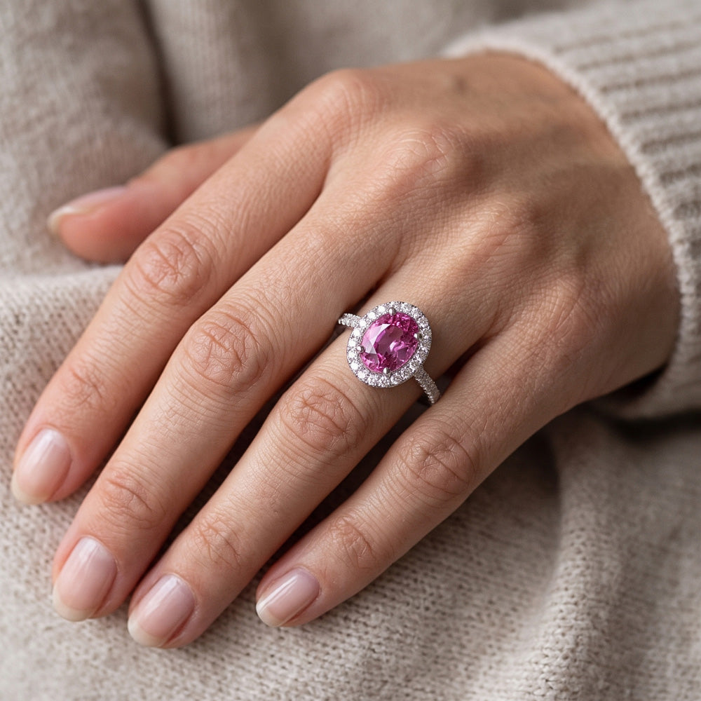 Pink Sapphire Halo Natural Real Diamond ( Not Lab Grown ) Ring