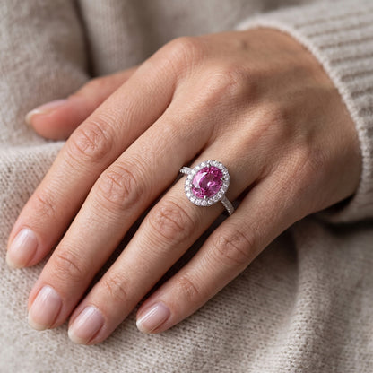 Pink Sapphire Halo Natural Real Diamond ( Not Lab Grown ) Ring