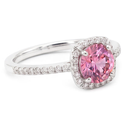 Pink Sapphire Round Center WG Solitaire With Accents Ring 1.15 Ct.