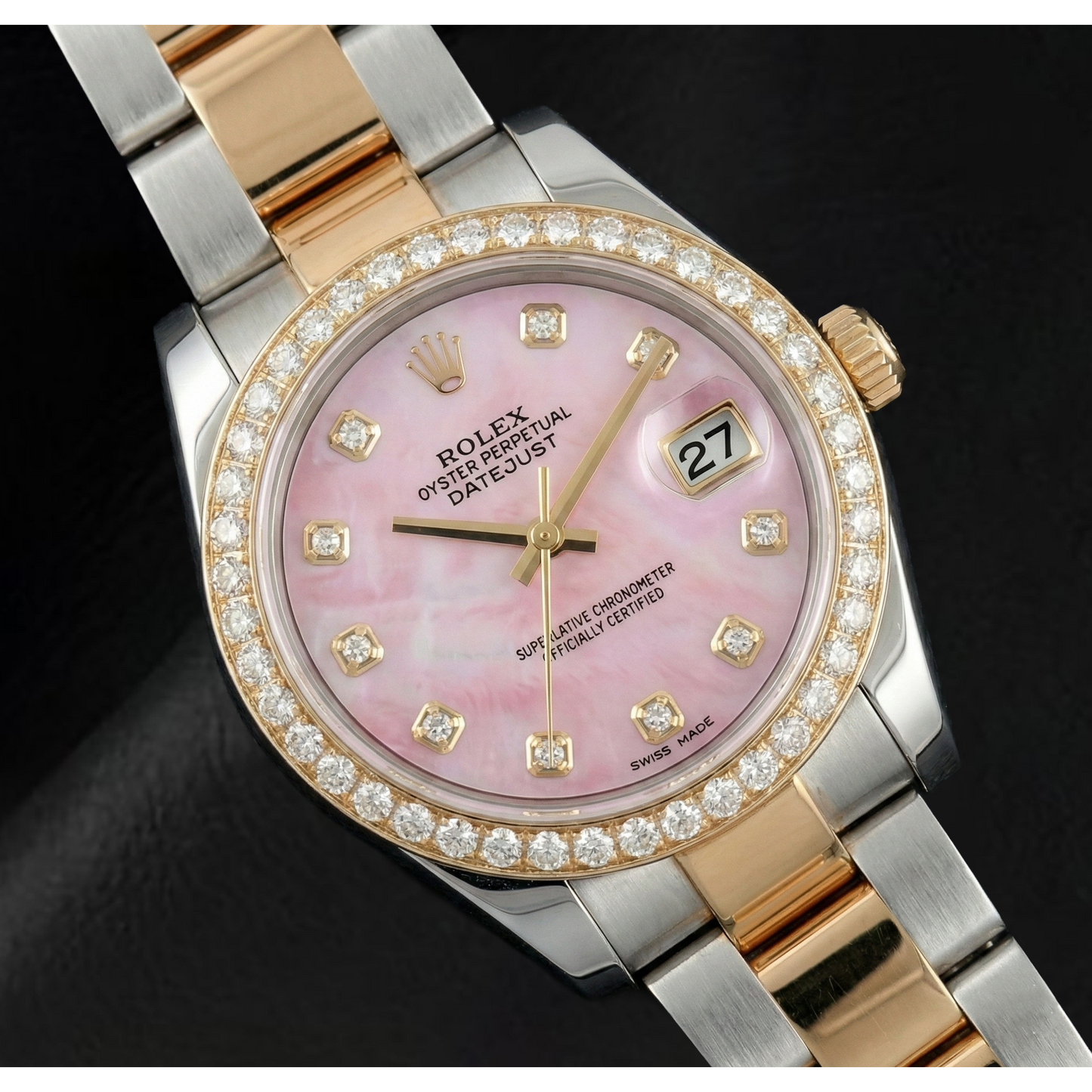 Pink Mother Of Pearl Diamond Dial 36 mm Rolex Datejust Two Tone Watch Oyster Bracelet