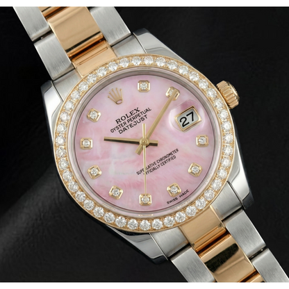 Pink Mother Of Pearl Diamond Dial 36 mm Rolex Datejust Two Tone Watch Oyster Bracelet