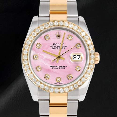 Pink Mother Of Pearl Diamond Dial 36 mm Rolex Datejust Two Tone Watch Oyster Bracelet