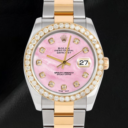 Pink Mother Of Pearl Diamond Dial 36 mm Rolex Datejust Two Tone Watch Oyster Bracelet
