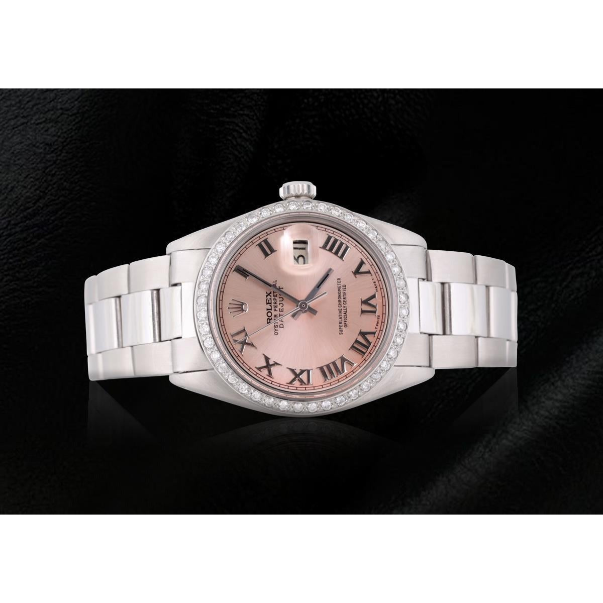 Pink Roman Dial Diamond Bezel Rolex Datejust Ss Oyster Men Watch QUICK SET
