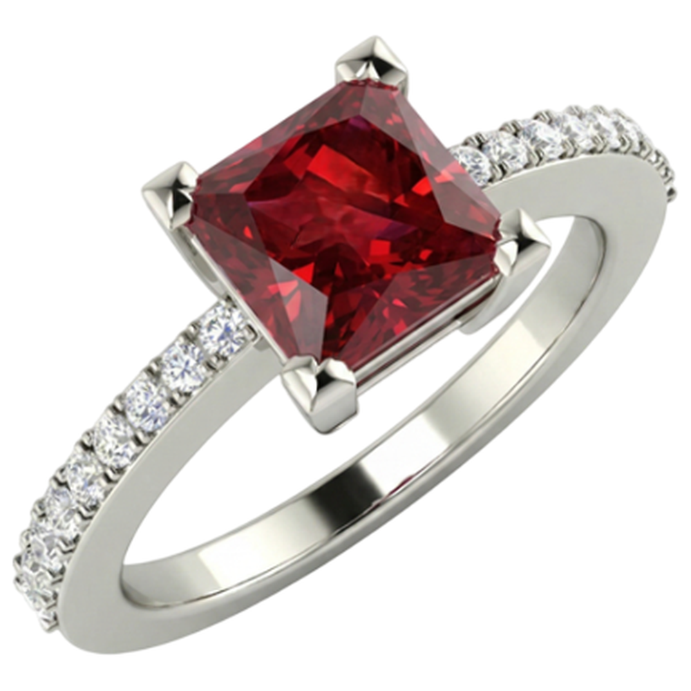 Princess And Round Cut 3.45 Ct. Ruby And Natural Earth Mined Diamonds Ring White Gold 14K