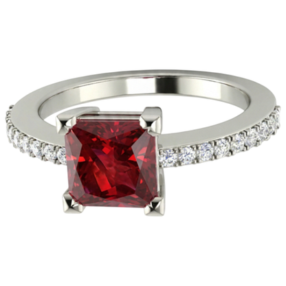 Princess And Round Cut 3.45 Ct. Ruby And Natural Earth Mined Diamonds Ring White Gold 14K