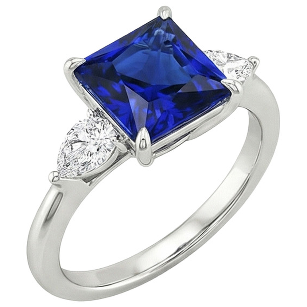 Princess Ceylon Sapphire & Pear Natural Earth Mined Diamond 3 Stone Ring 4 Carats