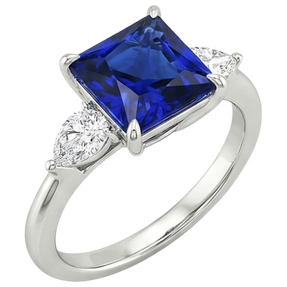Princess Ceylon Sapphire & Pear Natural Earth Mined Diamond 3 Stone Ring 4 Carats