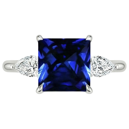 Princess Ceylon Sapphire & Pear Natural Earth Mined Diamond 3 Stone Ring 4 Carats