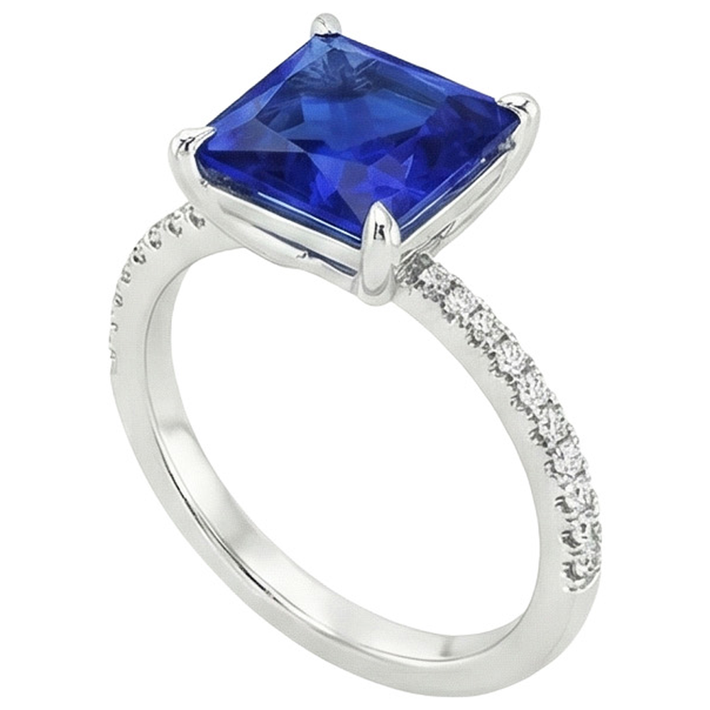 Princess Ceylon Sapphire & Round Natural Earth Mined Diamond Ring 5.75 Carats White Gold