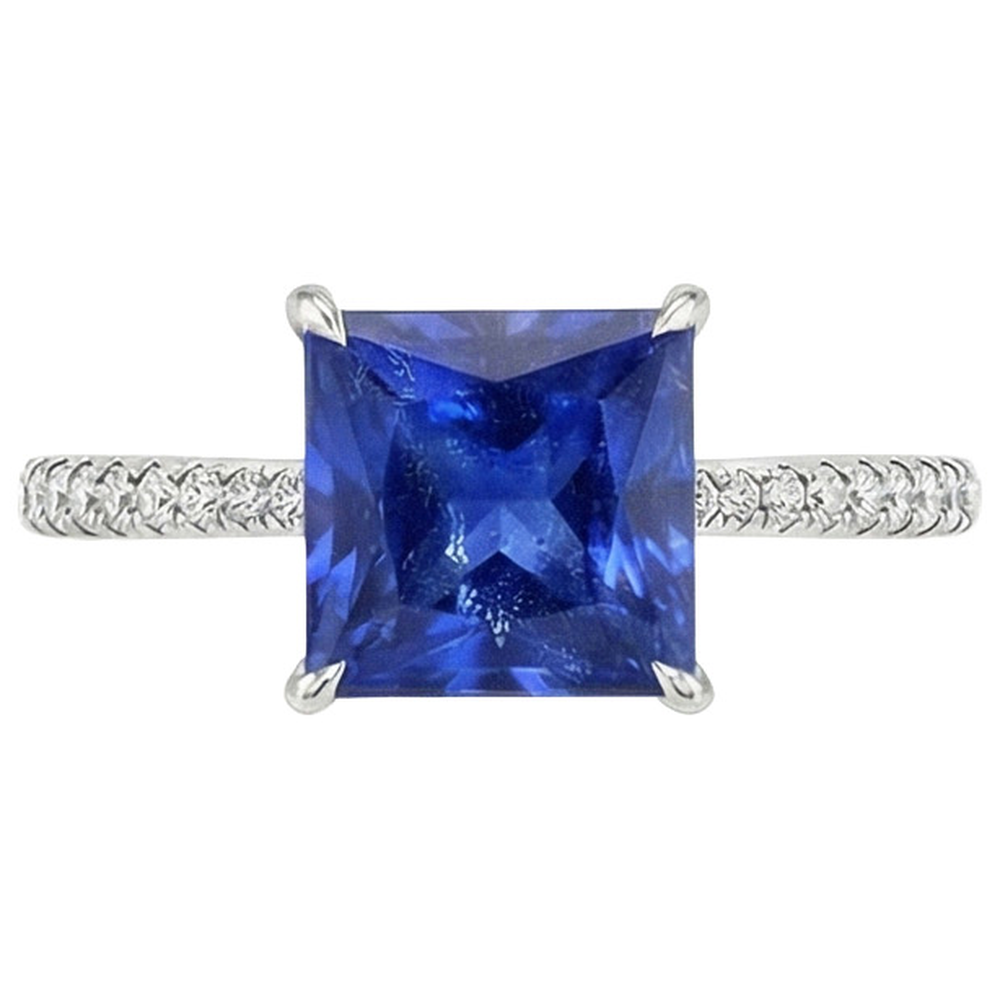 Princess Ceylon Sapphire & Round Natural Earth Mined Diamond Ring 5.75 Carats White Gold