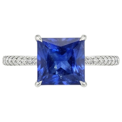 Princess Ceylon Sapphire & Round Natural Earth Mined Diamond Ring 5.75 Carats White Gold
